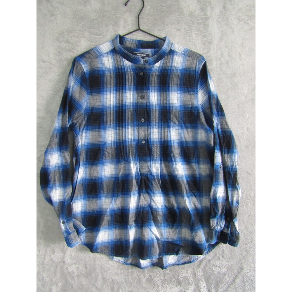 Lands End Blue Plaid Band Collar Button Down Shirt Women Plus‎ Size